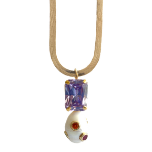 Octagon Pearl Herringbone Chain Necklace in Purple