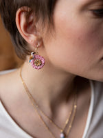 Load image into Gallery viewer, Pink & Blue Bird on Thistle Flower Pendant Earrings