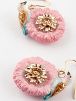 Load image into Gallery viewer, Pink & Blue Bird on Thistle Flower Pendant Earrings