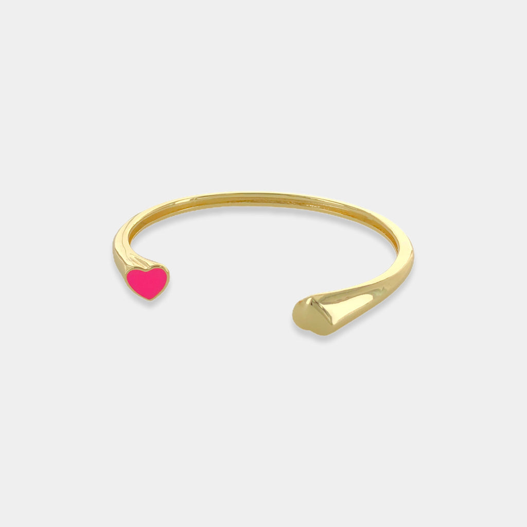 Open Cuff Bracelet with Hot Pink Enamel Heart and Gold Heart