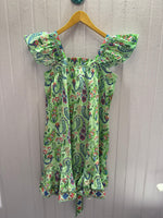 Load image into Gallery viewer, Mini Ruffle Dress With Belt in Retro Green Paisley
