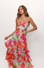 Load image into Gallery viewer, Kennedi Twist Front Tiered Maxi in Mint Watercolor Pastel Orchids
