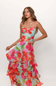 Kennedi Twist Front Tiered Maxi in Mint Watercolor Pastel Orchids