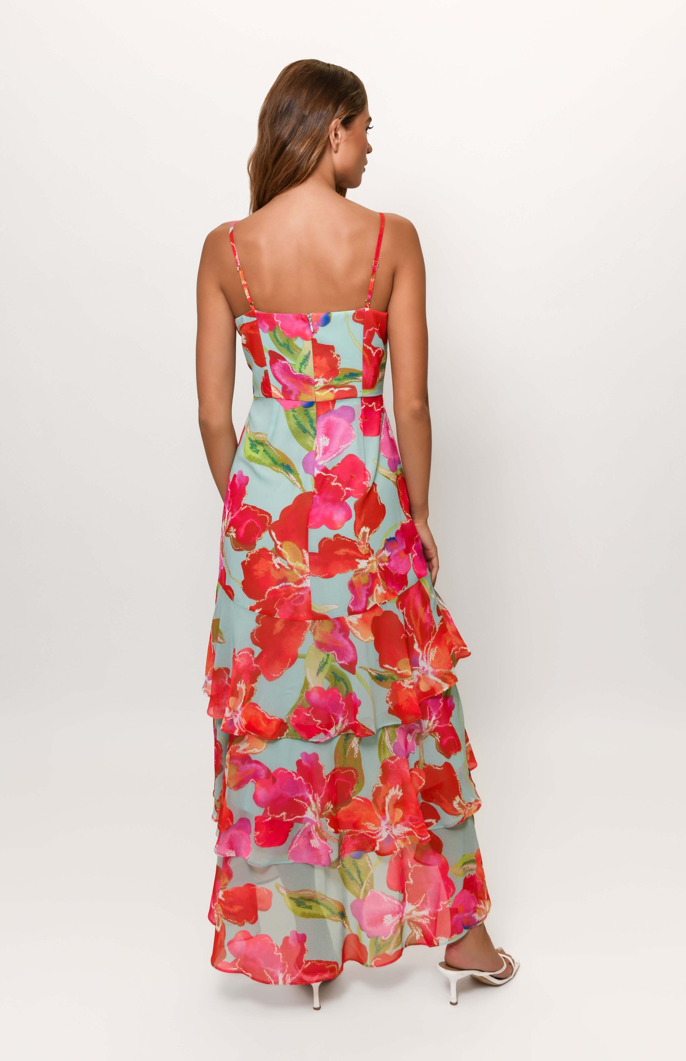 Kennedi Twist Front Tiered Maxi in Mint Watercolor Pastel Orchids