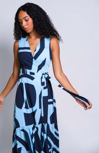 Drea Geometric Wrap Dress in Turquoise/Navy