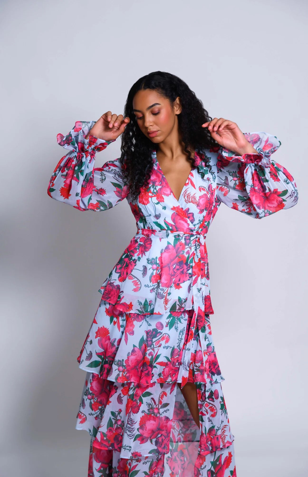 Bardot Wrap Dress in Icy Overgrown Garden Floral Mint Julep