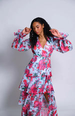 Load image into Gallery viewer, Bardot Wrap Dress in Icy Overgrown Garden Floral
