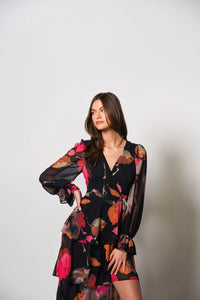 Bardot Wrap Dress in Black Romantic Watercolor