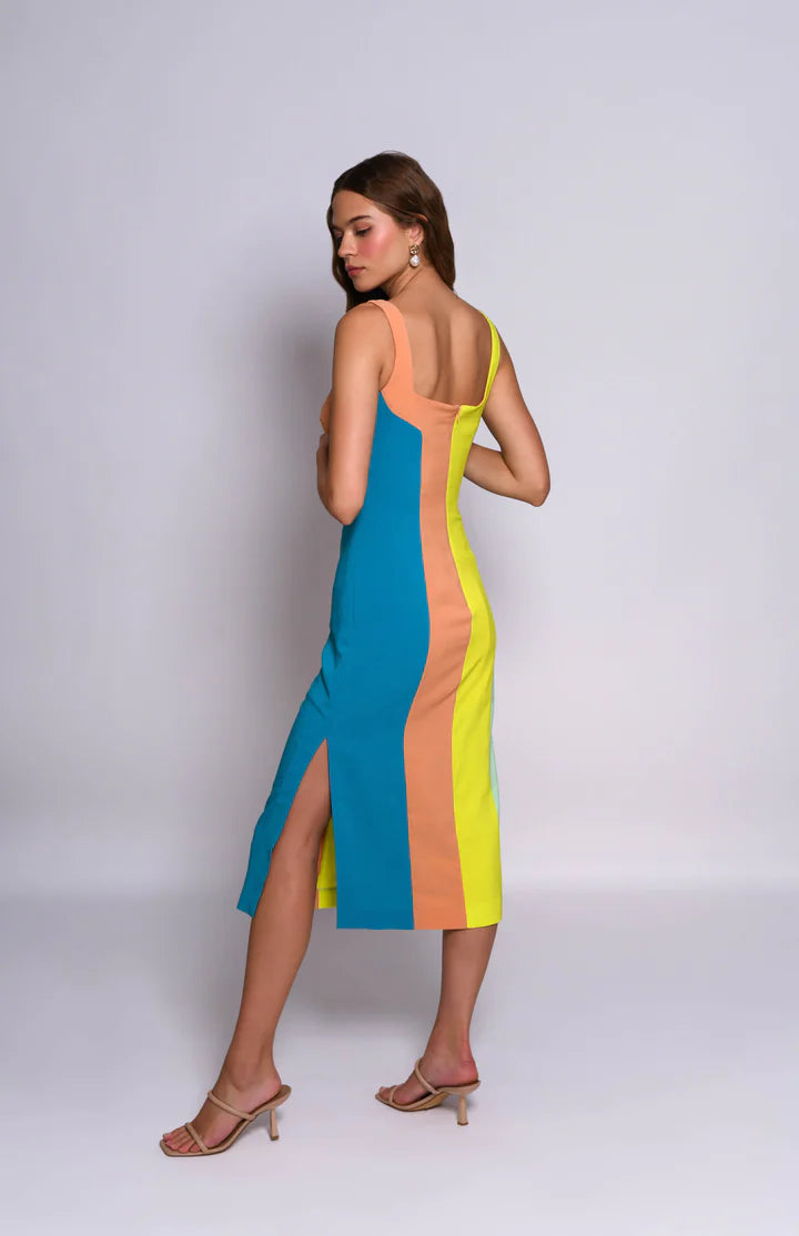 Hensley Color Block Midi Dress in Warm Tone