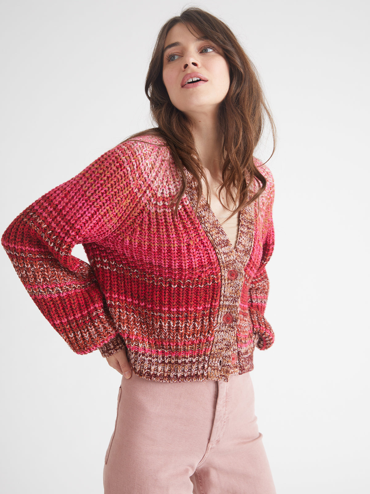 Rumi Ombre V-Neck Cardigan in Toasted Almond Multi