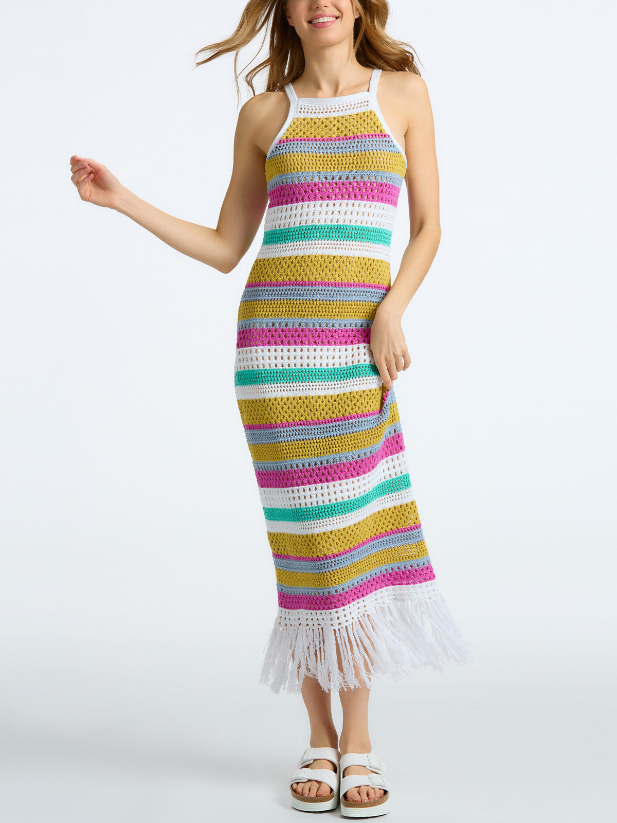 Halter Crochet Midi Dress in Cyan Multi