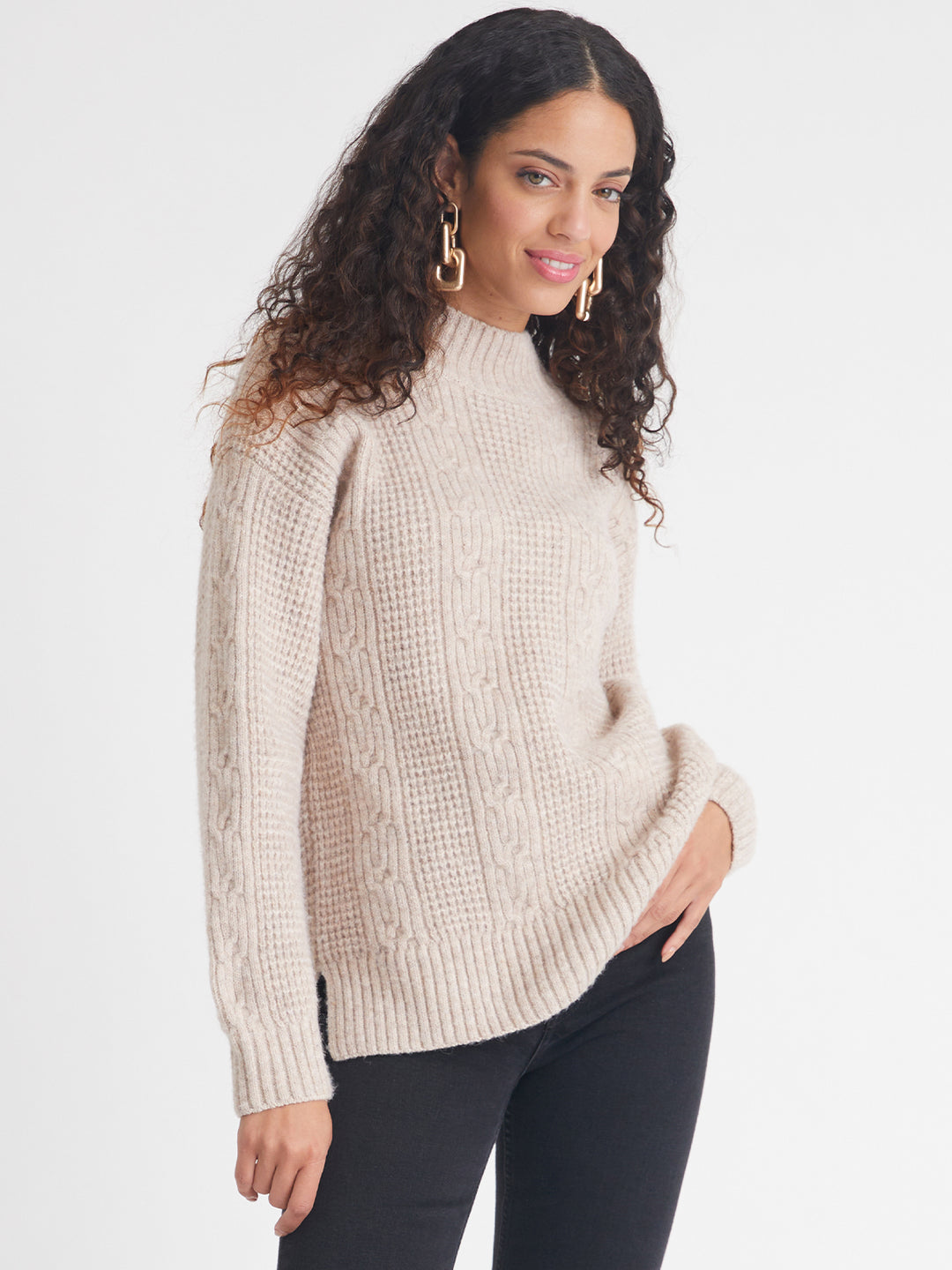 Lexi Mockneck Cable Pullover in Cashew Heather