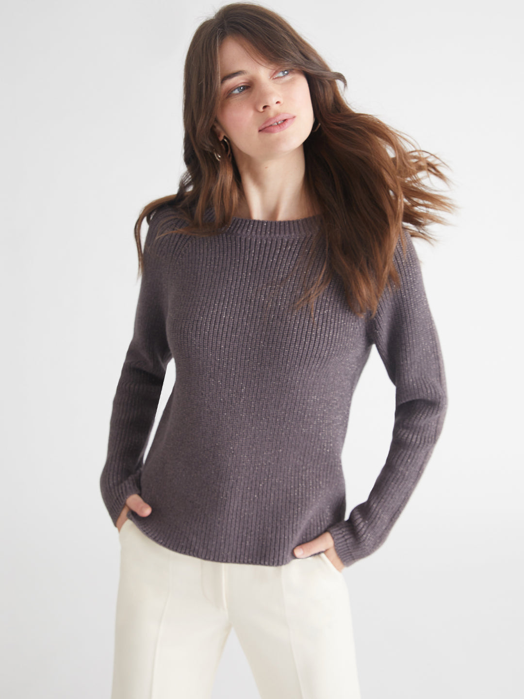 Jane Metallic Crewneck Sweater in Charcoal