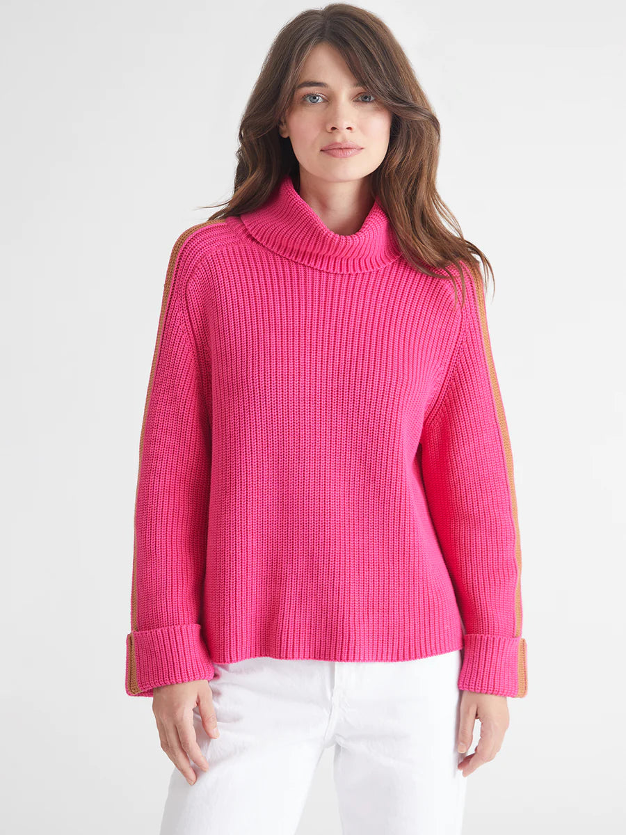 Vida Turtleneck Stripe Pullover in Fuchsia/Camel Combo