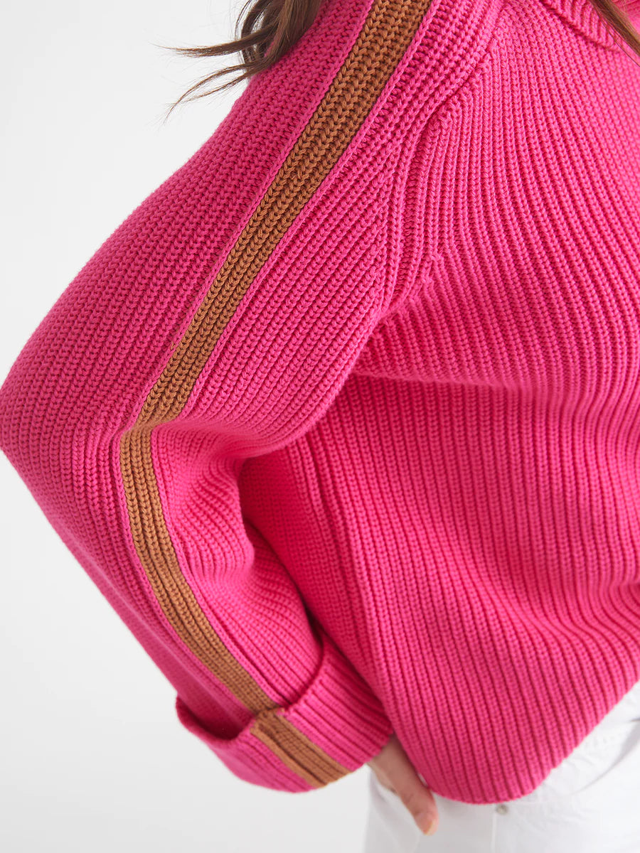 Vida Turtleneck Stripe Pullover in Fuchsia/Camel Combo
