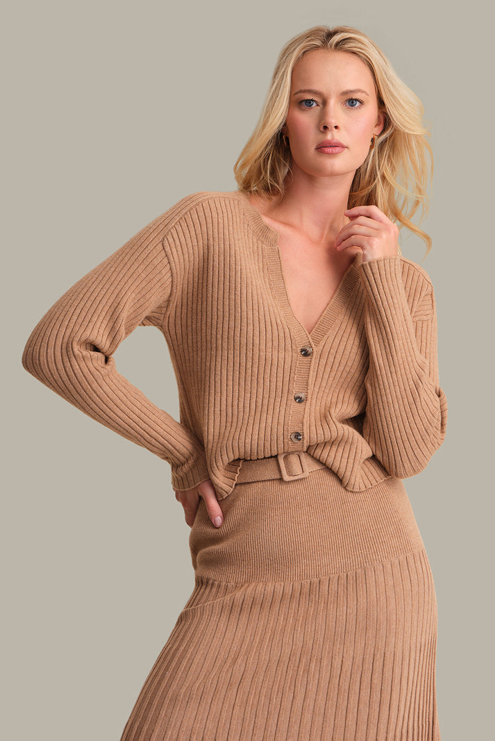Lorelai Cropped Rib Cardigan in Fawn Heather