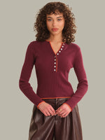 Load image into Gallery viewer, Emmeline Rib Layered Henley in Dark Cherry Combo
