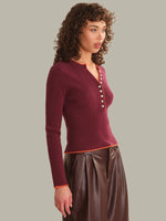 Load image into Gallery viewer, Emmeline Rib Layered Henley in Dark Cherry Combo

