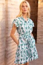 Load image into Gallery viewer, Ruffle Collar Button Mini Dress in Toscana Green
