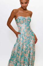 Load image into Gallery viewer, Phoebe Strapless Maxi Dress in Teal Vintage Vining Floral
