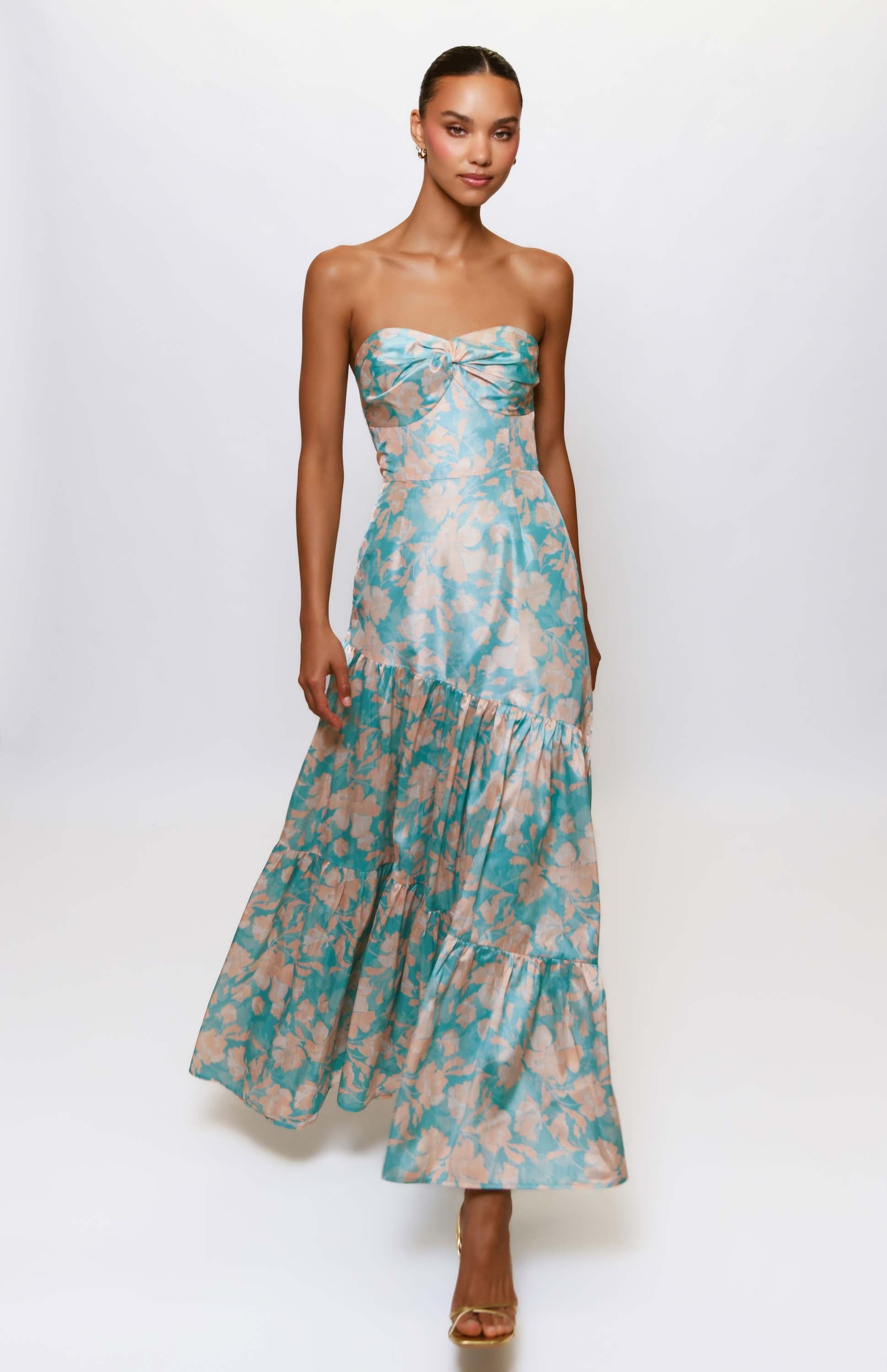 Phoebe Strapless Maxi Dress in Teal Vintage Vining Floral