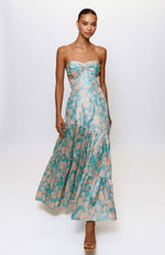 Load image into Gallery viewer, Phoebe Strapless Maxi Dress in Teal Vintage Vining Floral
