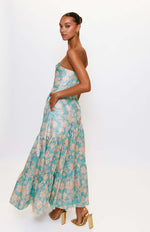 Load image into Gallery viewer, Phoebe Strapless Maxi Dress in Teal Vintage Vining Floral

