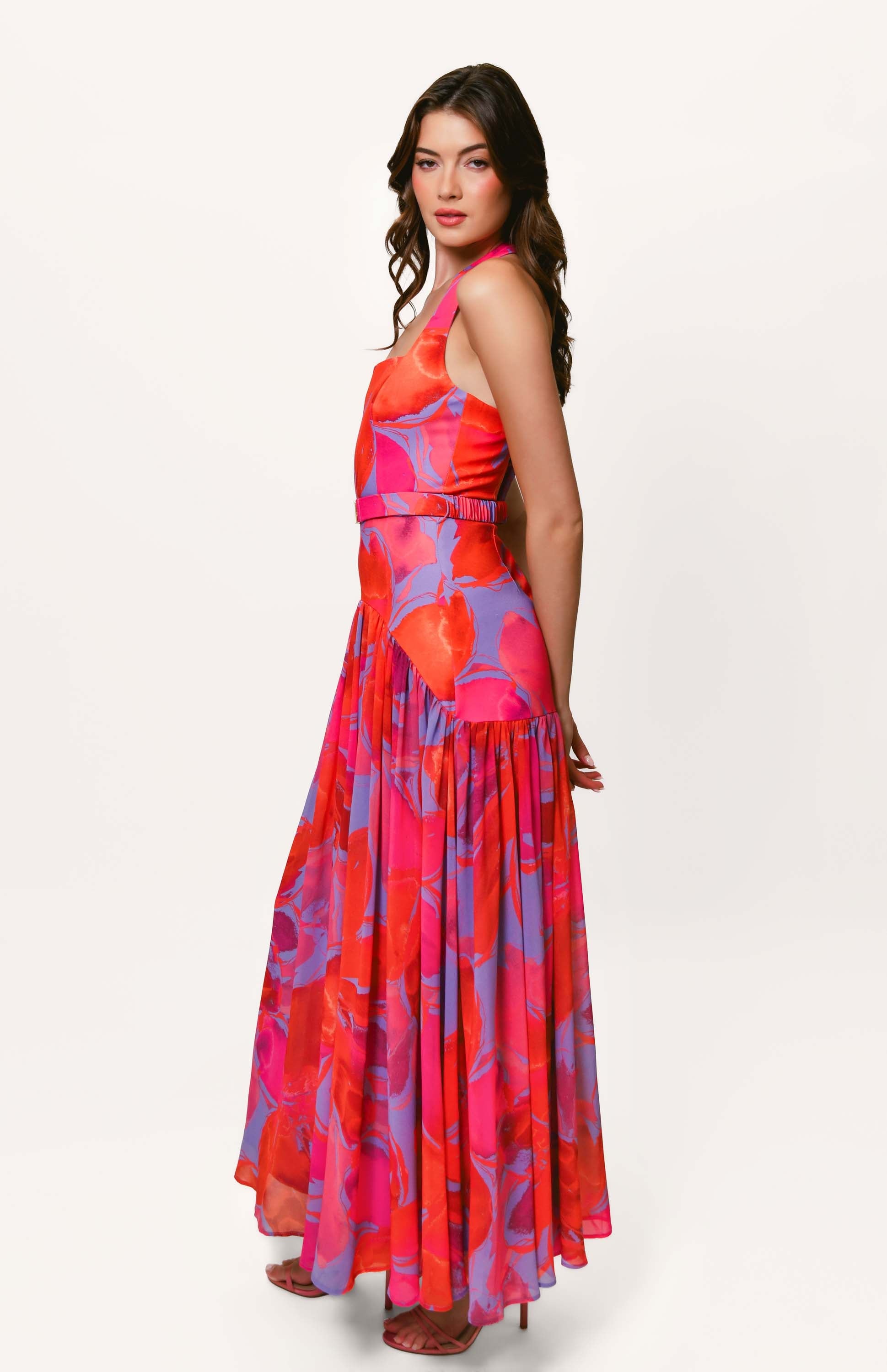 Aza Halter Maxi Dress in Purple Watercolor Gardenia