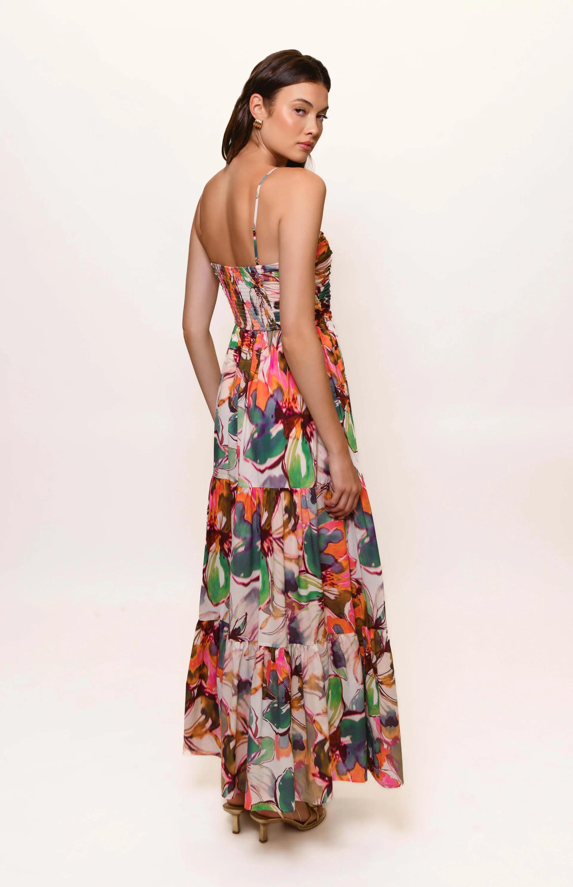 Bethy Ruched Bodice Tiered Maxi in Blush Messy Rainbow Watercolor Floral
