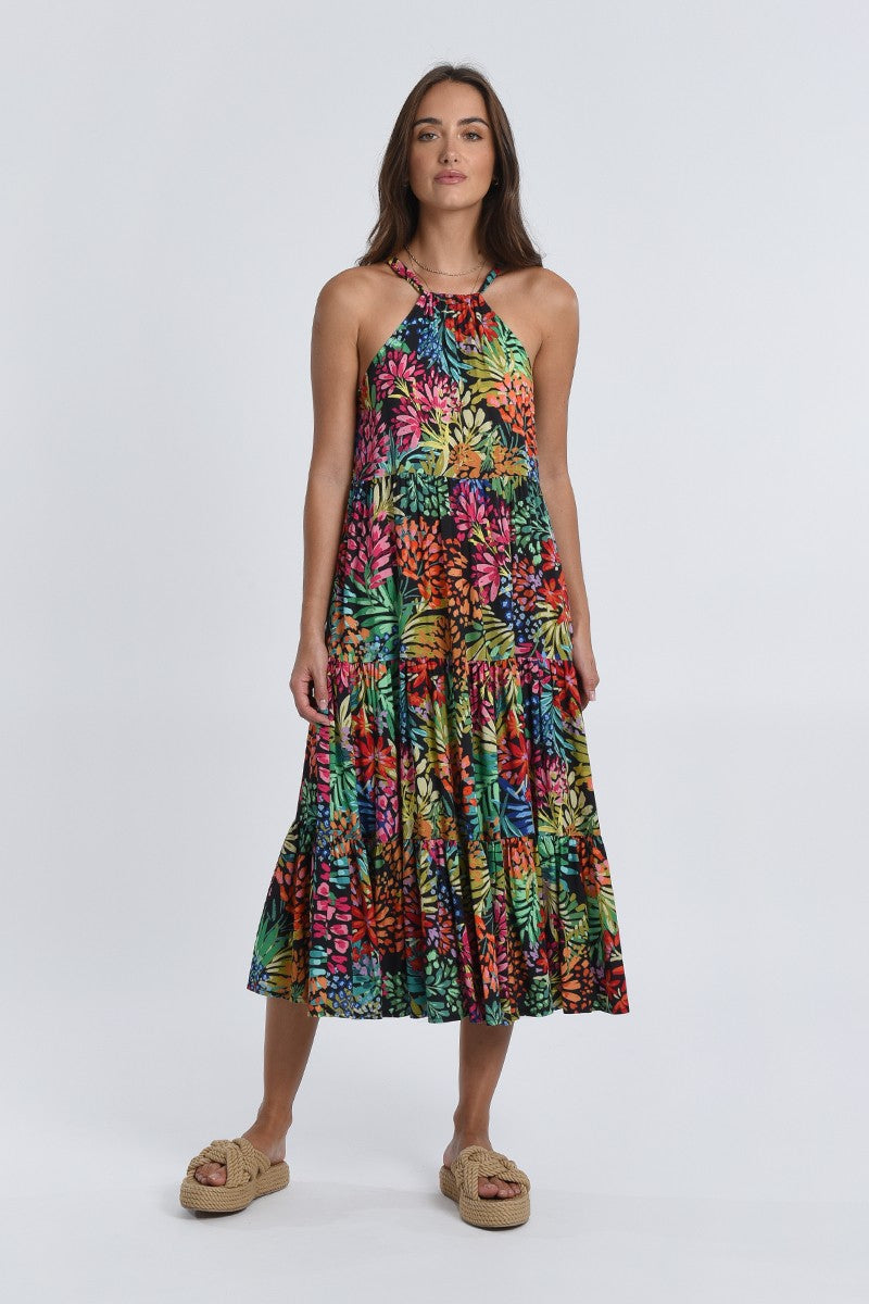 Long Floral Tiered Dress in Black Mareva