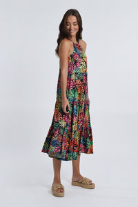 Long Floral Tiered Dress in Black Mareva