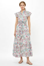 Load image into Gallery viewer, Ruffle Collar Button Maxi Dress in Tupi Teal
