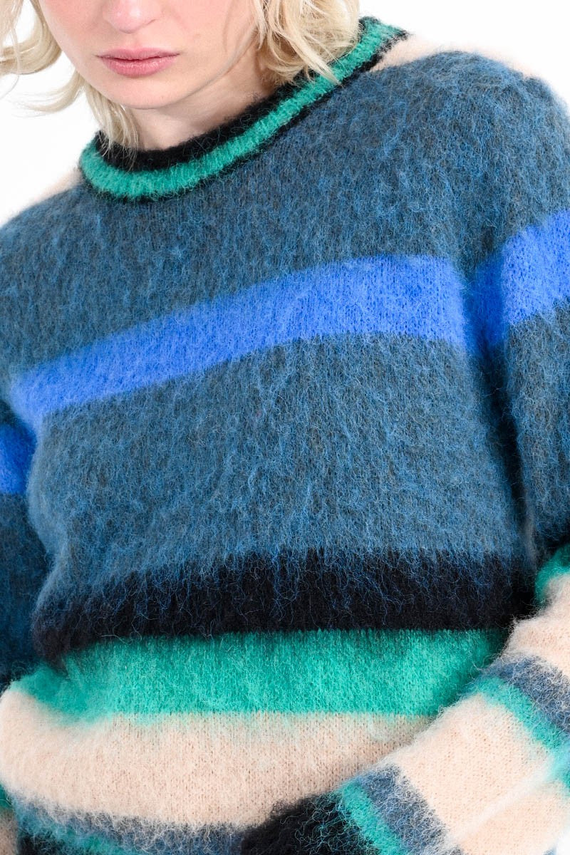 Fuzzy Striped Sweater in Emerald Combo