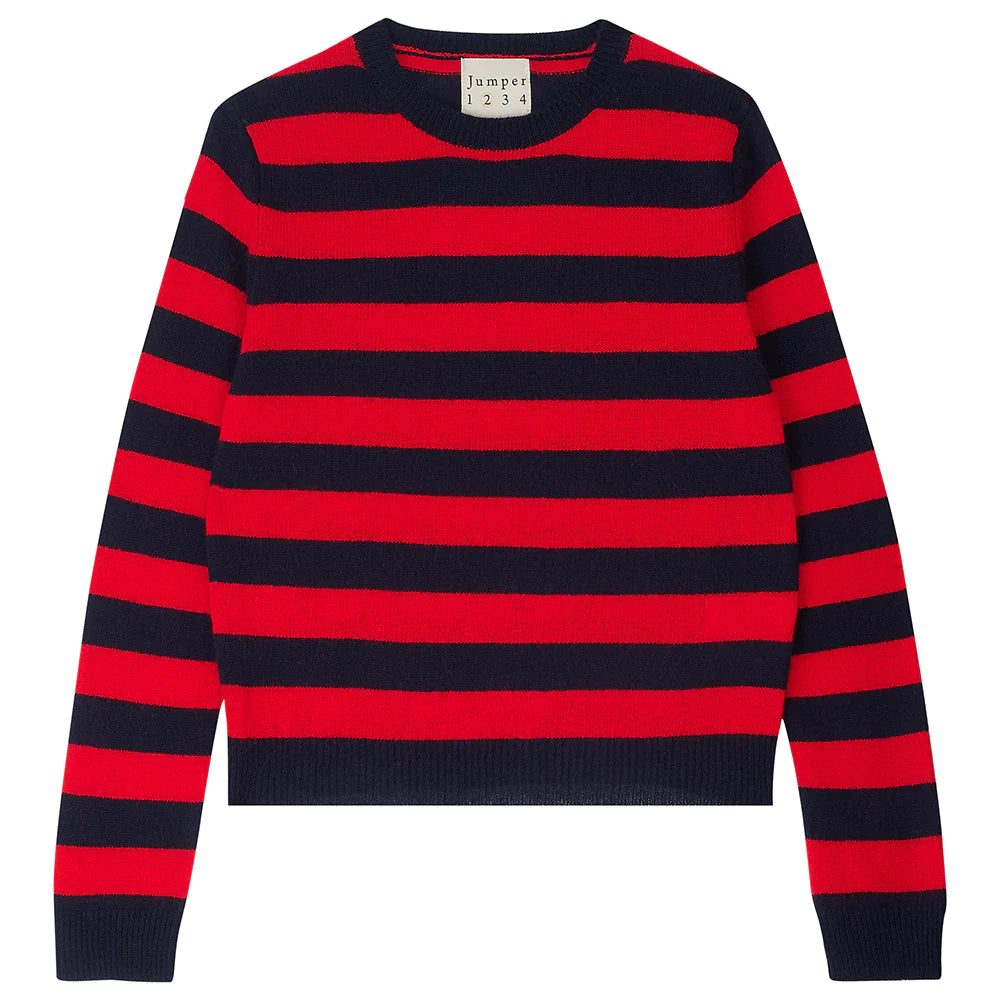 Stripe Crew Cashmere Sweater in Red and Navy
