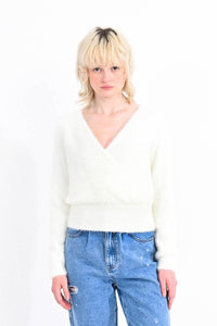 Eyelash Faux Wrap Sweater in White