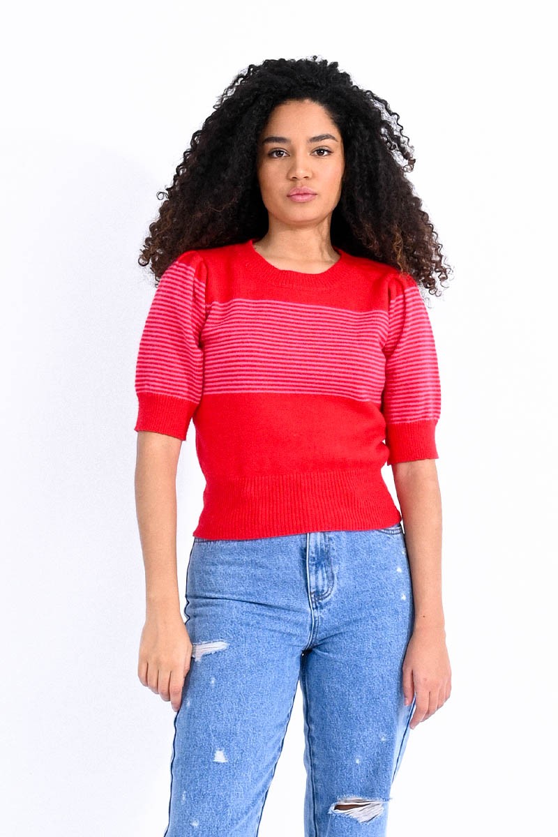 Elbow Sleeve Striped Sweater in Red/Pink