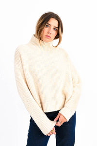 Waffle Knit Turtleneck Sweater in Cream