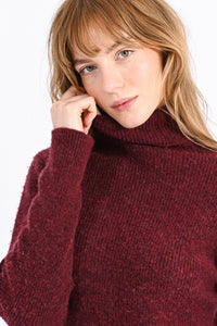 Fuzzy Ribbed Turtleneck Sweater in Red Wine