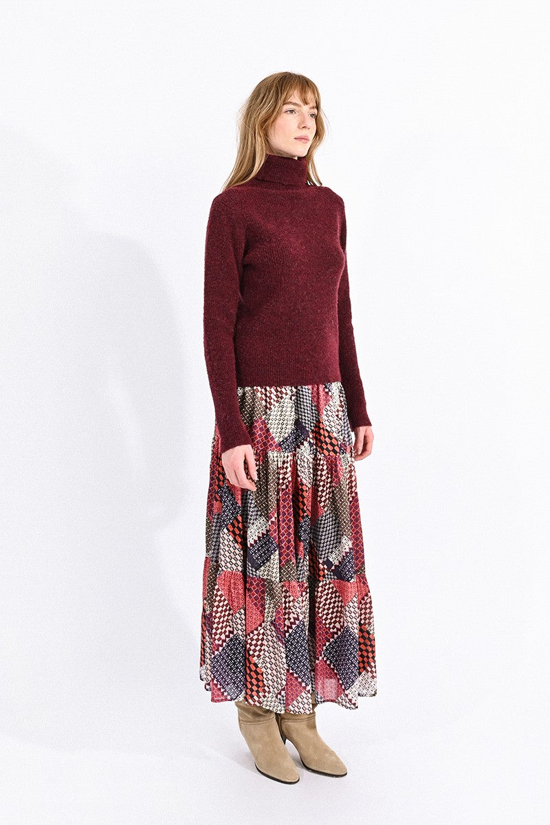 Fuzzy Ribbed Turtleneck Sweater in Red Wine