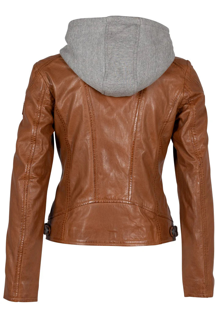 Allice Removable Hood Leather Jacket in Cognac