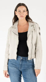 Load image into Gallery viewer, Reo RF Heart Detail Leather Jacket in Off White/Grey
