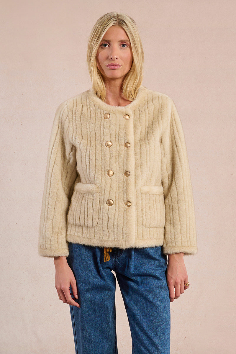 Faux Fur Double Breasted Jacket in Beige