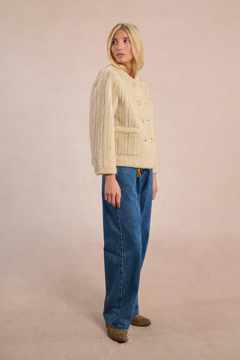 Faux Fur Double Breasted Jacket in Beige