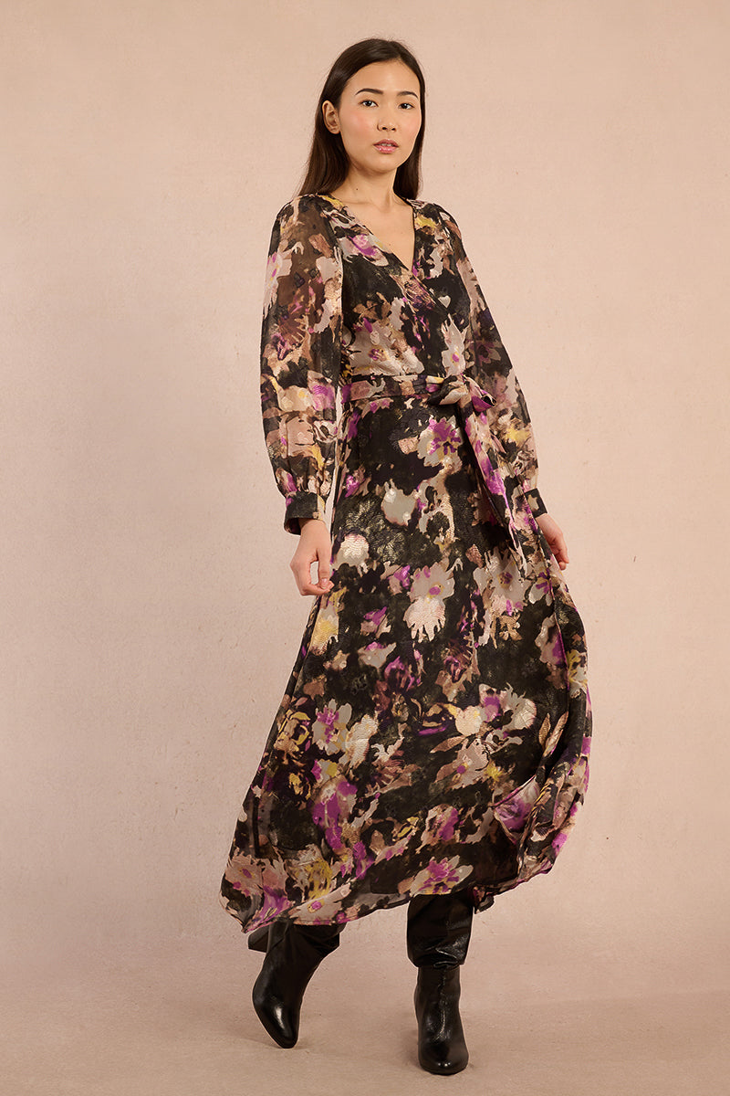 Floral Maxi Wrap Dress in Black Clotilde