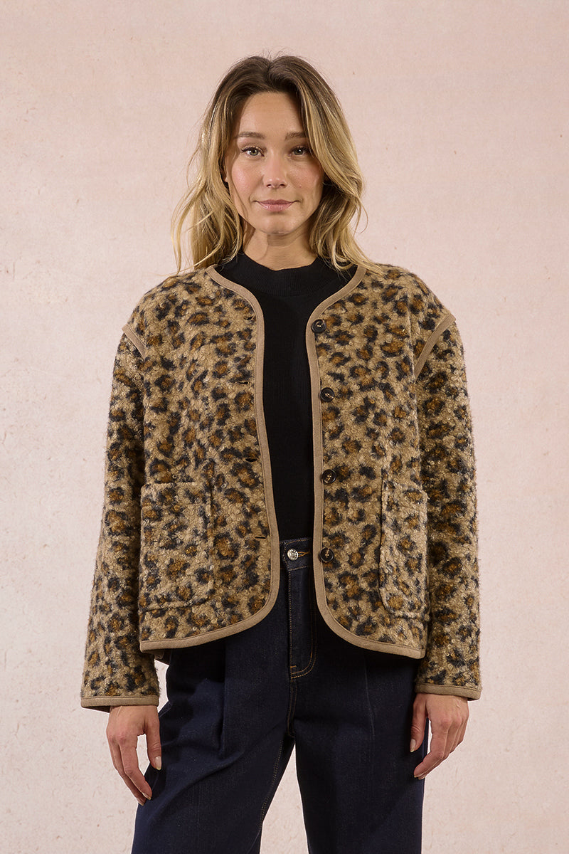Leopard Sherpa Crop Jacket in Brown