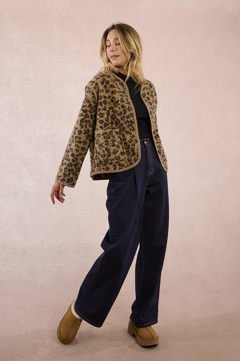 Leopard Sherpa Crop Jacket in Brown