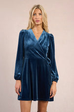 Load image into Gallery viewer, Velvet Wrap Dress in Denim Blue
