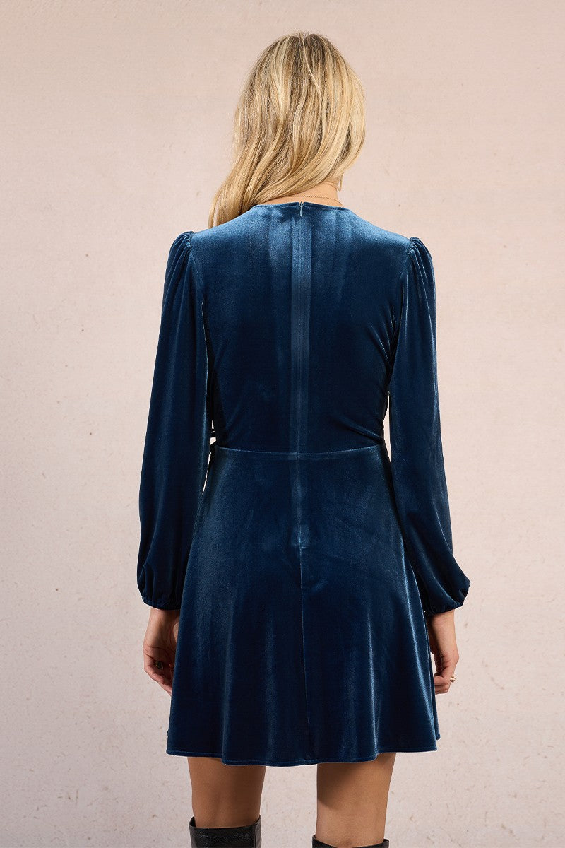 Velvet Wrap Dress in Denim Blue
