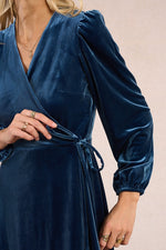 Load image into Gallery viewer, Velvet Wrap Dress in Denim Blue
