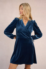 Load image into Gallery viewer, Velvet Wrap Dress in Denim Blue
